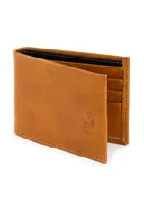 Billetera de cuero color tostado con interior en contraste negro, cuenta con múltiples ranuras para tarjetas y compartimento para billetes.
