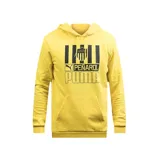 Buzo amarillo con capucha y cordones ajustables, con bolsillo tipo canguro. Estampado frontal con el escudo del Club Atlético Peñarol, la palabra "Peñarol" y el logo de Puma en color negro.