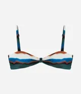 Top de bikini con estampado de rayas aquareladas, torcido en el busto, con tirantes ajustables y lazo en la espalda.