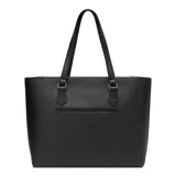 Cartera tipo tote bag Guess grande de color negro, con asas dobles para hombro, bolsillo frontal externo y un monedero o neceser colgante estampado con el monograma de la marca. Cuenta con herrajes plateados y el logo de Guess en la parte frontal.