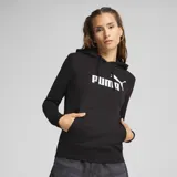 Buzo hoodie Puma ESS N°1 Logo, color negro con logo blanco estampado en el pecho, corte clásico, capucha con cordón ajustable y bolsillo tipo canguro.