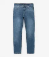 Pantalón de jean corte slim, con diseño clásico de cinco bolsillos, cierre frontal con cremallera y botón, y costuras reforzadas.