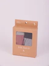 Pack de dos boxers de algodón con cintura elástica. Incluye un boxer color rosado con cintura gris y un boxer color gris con cintura negra.