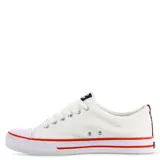 Championes urbanos Topper modelo Derby, color blanco con suela de goma blanca y detalles de líneas rojas en el contorno. Presentan cierre con cordones y puntera reforzada.