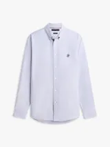 Camisa de corte regular confeccionada en puro algodón Oxford celeste, con cuello abotonado, cierre frontal de botones y logo bordado en el pecho.