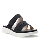 Sandalias de mujer con plataforma baja, diseño de dos tiras anchas con textura y cierre de velcro ajustable. Presentan una plantilla acolchada y suela de goma blanca con relieve.
