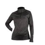Buzo deportivo de poliéster y elastano color gris oscuro jaspeado, con cuello alto y cierre frontal parcial.