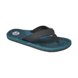 Ojotas Reef con base azul con estampado de hojas y tiras negras.
