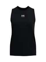 Musculosa deportiva Under Armour de corte holgado, color negro, con cuello redondo acanalado y sisas amplias. Presenta el logo de la marca estampado en el centro del pecho.