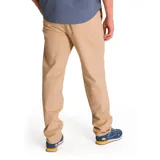 Pantalón tipo chino de corte recto y tiro medio, color beige, con cierre de cremallera y botón, bolsillos laterales y bolsillos traseros con solapa y botón.