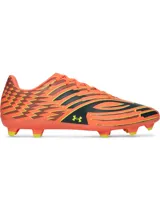 Championes de fútbol Under Armour Shadow Select 4 FG, color naranja con detalles en negro y amarillo.