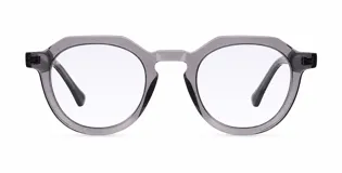 Armazón de receta con diseño geométrico de montura gris traslúcida, caracterizado por su parte superior plana y base redondeada.