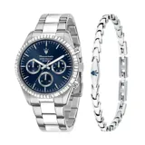 Reloj Maserati Competizione con caja de acero inoxidable plateada de 43mm, esfera azul mate, cristal mineral y brazalete de acero inoxidable plateado. Resistente al agua hasta 100 metros. Incluye una pulsera de acero inoxidable plateada con detalles en blanco y el logo de Maserati en azul.