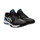 Championes de tenis Asics modelo Gel Dedicate 7 Clay, color negro con detalles en blanco y verde oscuro. Diseñados con tecnología de amortiguación Gel para mayor confort y suela específica para canchas de polvo de ladrillo.