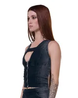 Top tipo corset negro con degradé grisáceo, confeccionado en denim elástico. Presenta cierre frontal de alpaca, escote en V con puente y tiras anchas.
