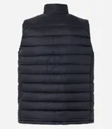 Chaleco masculino deportivo tipo puffer, color negro, con cuello alto, gajos acolchados y cierre delantero con cremallera.