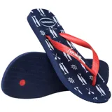Ojotas Havaianas Top Nautical con base azul marino estampada con motivos náuticos en blanco y tiras rojas con textura.