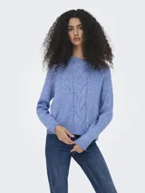 Sweater tejido de manga larga con cuello redondo y mangas raglán, con textura de cable y puños acanalados.