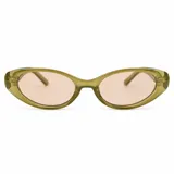 Lentes de sol con armazón carey de diseño ovalado, patillas anchas con detalle de pespuntes metálicos y cristales marrones degradados.