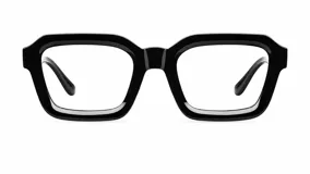 Lentes con armazón cuadrado y bordes gruesos de color negro, diseñados con protección contra la luz azul.