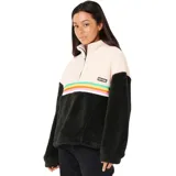 Buzo de polar con cierre frontal parcial, diseño de bloques de color en crema y negro, con franjas horizontales multicolores en el pecho y logo de la marca Rip Curl.
