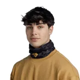 Cuello tubular multifuncional Buff Original Ecostretch con estampado geométrico en tonos grises y logo de la marca en amarillo.