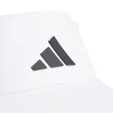 Visera deportiva Adidas color blanco con logo de la marca en negro en la parte frontal. Cuenta con tecnología Climacool para mayor transpirabilidad y ajuste regulable en la parte posterior.
