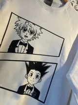 Buzo blanco de felpa con estampado de los personajes Gon y Killua del anime Hunter x Hunter.