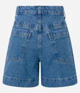 Short de jean de tiro alto con pespuntes contrastantes, cierre de botón y cremallera, trabillas en la cintura y bolsillos delanteros y traseros. Confeccionado en denim de algodón con un toque de elastano.