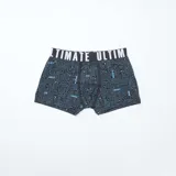 Pack de tres boxers de niño, uno liso color violeta, uno liso color turquesa y uno negro con estampado de circuitos y consolas de videojuegos.