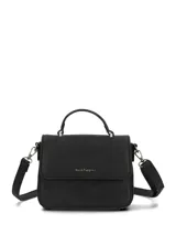 Cartera tipo bandolera de ecocuero negro con solapa frontal y broche imantado. Incluye asa superior, correa ajustable y desmontable, y logo de la marca en letras doradas.