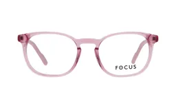 Armazón de anteojos Focus Premium modelo 4181, de diseño redondeado en color rosado traslúcido.