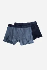 Pack de dos boxers con cintura elastizada, uno color verde militar con estampado de cruces y otro gris con estampado de veleros.