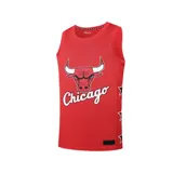 Musculosa de básquet roja con cuello y sisas en negro. Estampado frontal con el logo de los Chicago Bulls y la palabra "Chicago" en blanco.