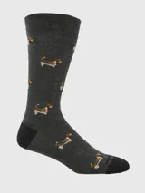 Calcetín de largo medio en color gris oscuro con estampado de perros de raza Basset Hound. Presenta puntera y talón reforzados en un tono gris más oscuro.