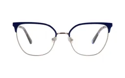 Armazón de metal azul y plateado, con forma de ojo de gato.