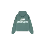 Hoodie oversize de Eme Studios en color verde, con capucha y bolsillo canguro. Presenta estampado gráfico en la espalda con el logotipo de la marca en blanco.