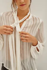 Camisa de transparencia con diseño a rayas verticales, cuello con lazo integrado y mangas largas abullonadas con puños ajustados.