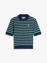 Chomba de piqué de Tommy Hilfiger en mezcla de algodón elástico, color azul marino con rayas horizontales en verde y blanco. Cuenta con cuello polo, media cremallera frontal y logo bordado en el pecho.