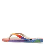 Sandalias tipo ojota Havaianas con diseño estampado de flores coloridas sobre fondo degradado. Presenta tiras con los colores del arcoíris y logo de la marca en relieve.