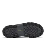 Bota de senderismo impermeable Columbia, color negro con detalles en gris y verde menta. Presenta una combinación de cuero y malla en la parte superior, con entresuela amortiguada y suela de alta tracción.