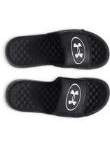 Chancletas Under Armour UA Ignite Pro 8 de color negro, con correa ajustable que incluye el logo de la marca en blanco. Cuenta con plantilla de espuma viscoelástica para mayor comodidad y suela de EVA con dibujo ranurado.