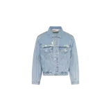 Campera de denim de corte clásico, en color celeste con lavado claro y efecto desgastado. Presenta cierre frontal de botones metálicos, bolsillos con solapa en el pecho y detalles de roturas sutiles en la parte superior.