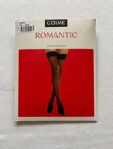 Medias negras de lycra hasta el muslo, con borde superior de encaje floral.