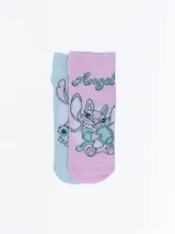 Pack de dos pares de medias de algodón con diseño de Angel y Stitch, una rosa y otra celeste.