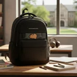 Mochila urbana de color negro con diseño minimalista, compartimento principal con cierre, bolsillo frontal con parche decorativo de capibara y detalles en material transparente. Cuenta con correas ajustables y compartimento para laptop.