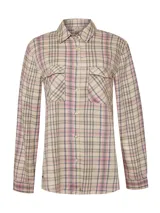 Camisa de manga larga con estampado a cuadros en tonos beige, rosa y gris. Tiene cuello camisero, cierre frontal con botones y dos bolsillos con solapa en el pecho.