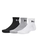 Pack de tres pares de medias deportivas de corte corto Under Armour modelo Prfrmnc Cottn 3P Qtr, en colores negro, gris y blanco, con el logo de la marca bordado en el lateral.