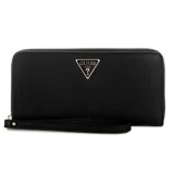 Billetera Guess modelo Lucci de color negro, confeccionada en material sintético con textura granulada. Presenta un cierre perimetral con cremallera y una tira de muñeca extraíble. En la parte frontal incluye el logotipo triangular característico de la marca con bordes dorados.