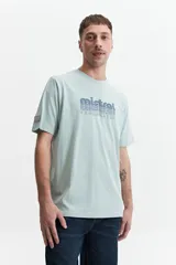 Remera básica de algodón color gris claro, con cuello redondo y logo estampado en el pecho en tonos verdes.